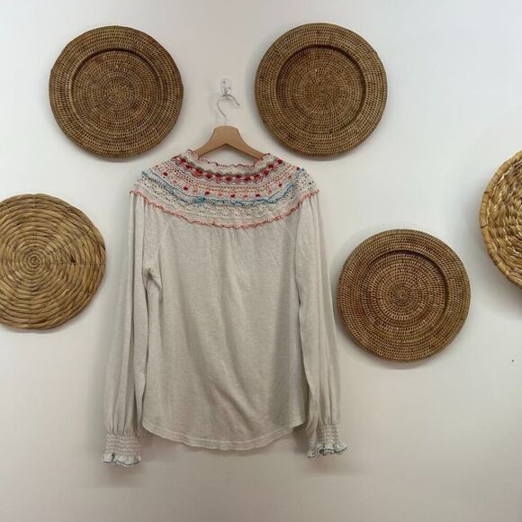 Free People Boho White Colorful Embroidered Henley Long Sleeve Knit Top Medium - Picture 3 of 12
